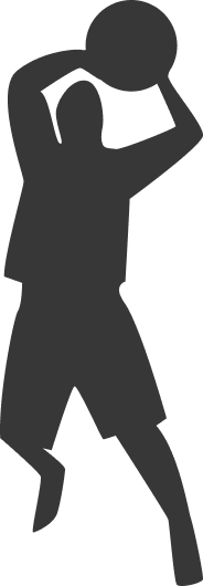 Stylized basketball player silhouette performing a powerful jump move with extended arm and ball.