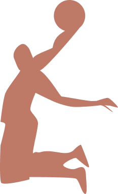 Minimalist silhouette illustration of a female basketball athlete jumping with the ball in an energetic action pose.